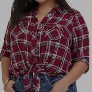 Torrid Taylor Plaid Button Front Tie Bottom Crop Long Sleeve Shirt NWT 0X